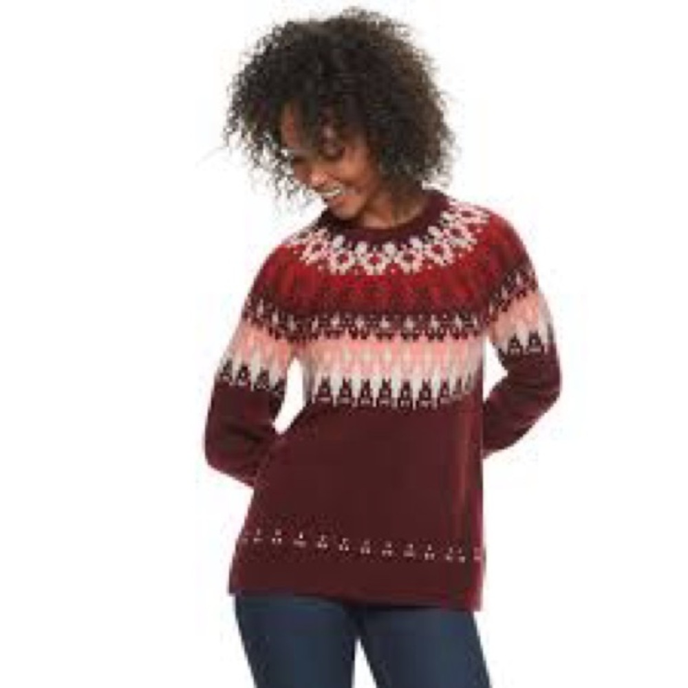 Sonoma Fair Isle Sweater Small Burgundy Nordic Knit Cozy Winter Pullover
